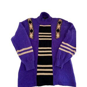 Vintage Womens Purple Bogner Sweater, Lambswool, Angora, Metallic Gold, Aztec RA